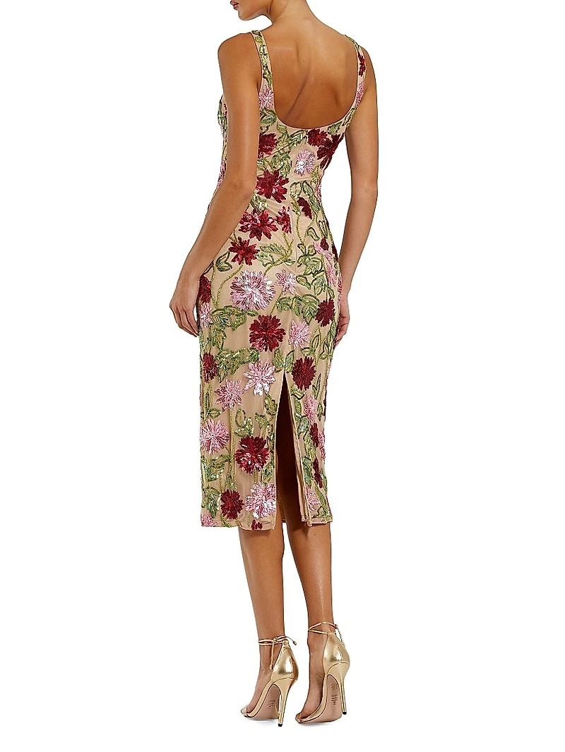Embellished Floral Mesh Scoopneck Midi-Dress
