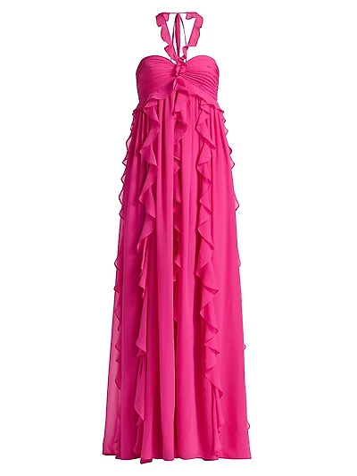 Ruffled Chiffon Halterneck Gown