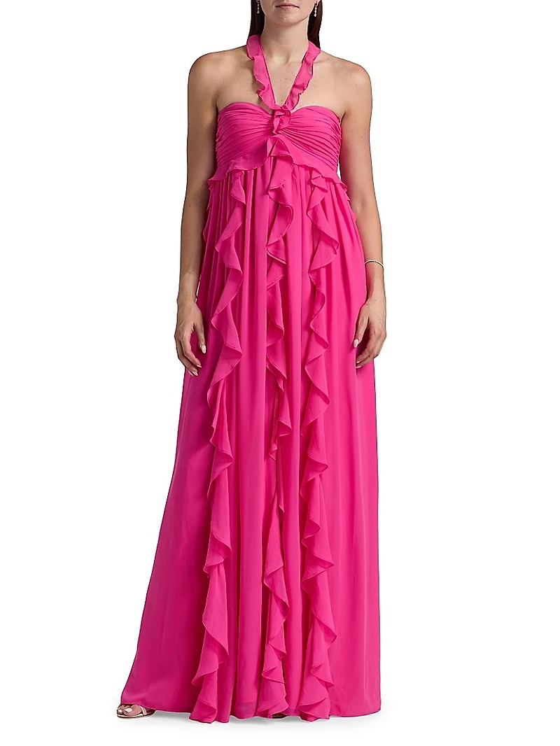 Ruffled Chiffon Halterneck Gown