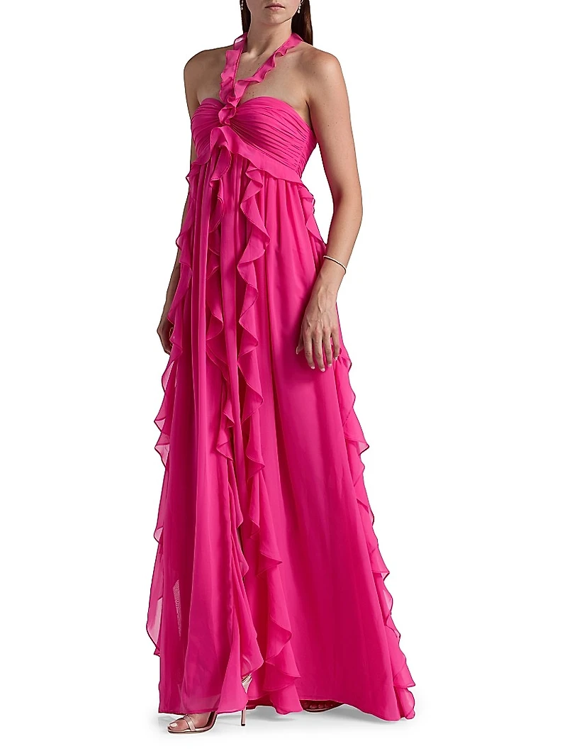 Ruffled Chiffon Halterneck Gown