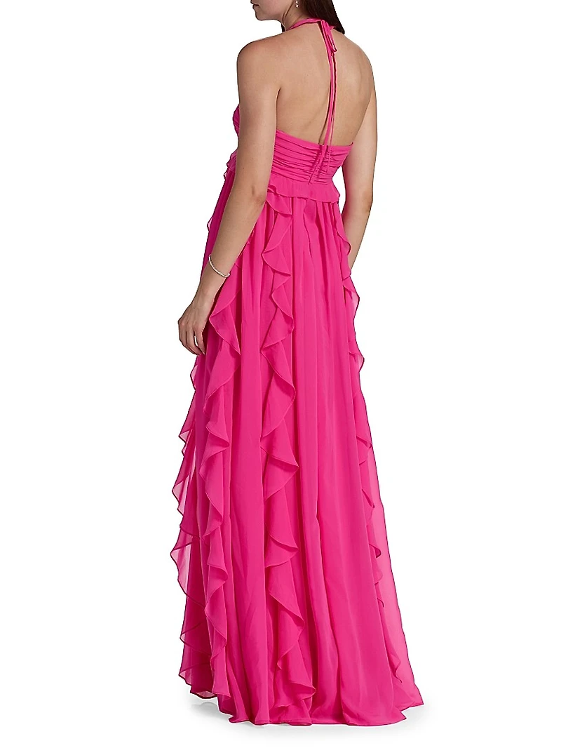 Ruffled Chiffon Halterneck Gown