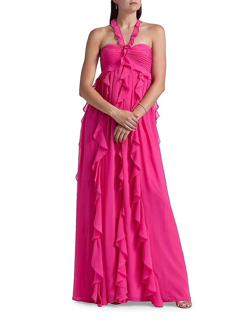 Ruffled Chiffon Halterneck Gown