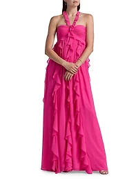 Ruffled Chiffon Halterneck Gown