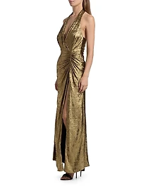 Ruched Lamé Halterneck Gown