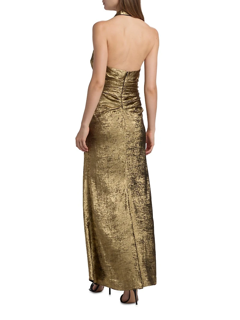 Ruched Lamé Halterneck Gown