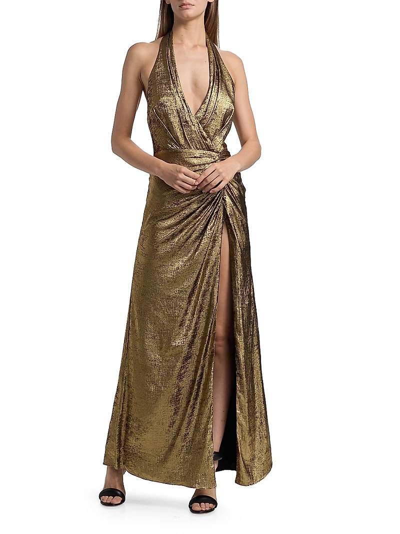 Ruched Lamé Halterneck Gown
