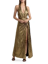 Ruched Lamé Halterneck Gown