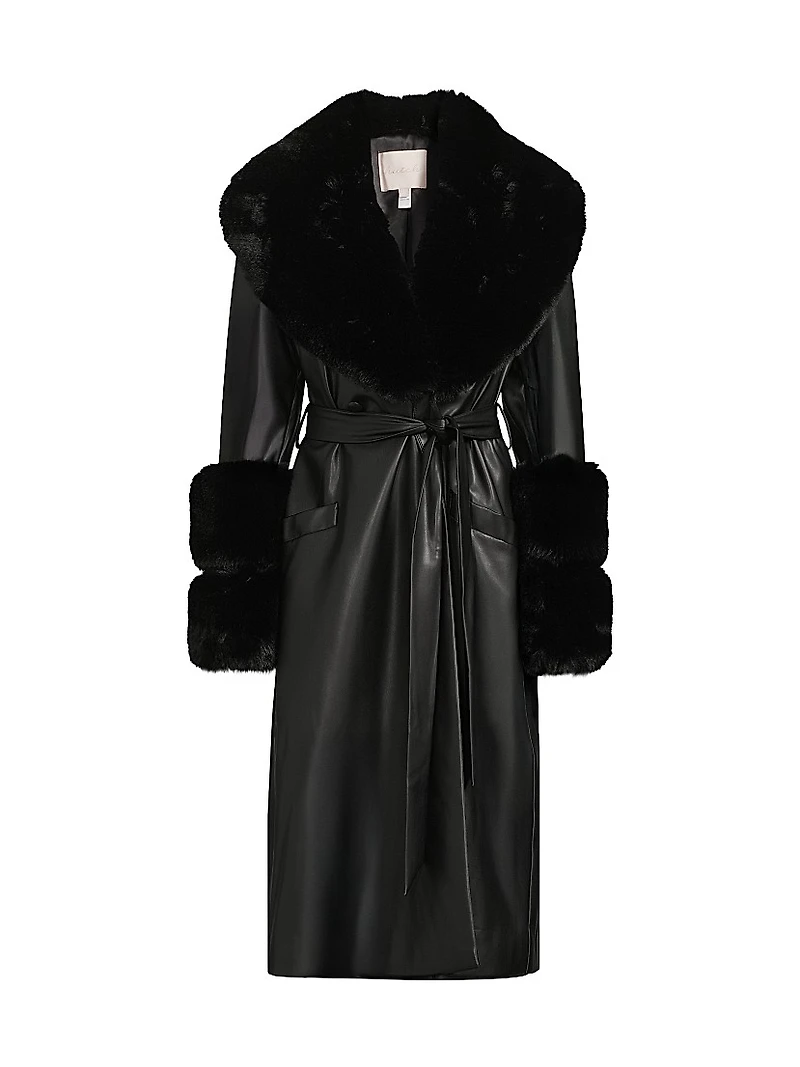 Eve Faux-Fur Trimmed Faux Leather Wrap Coat