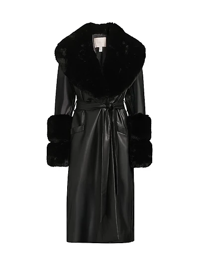 Eve Faux-Fur Trimmed Faux Leather Wrap Coat