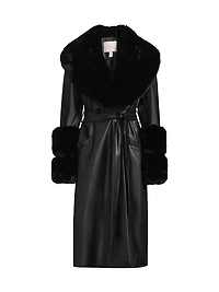 Eve Faux-Fur Trimmed Faux Leather Wrap Coat
