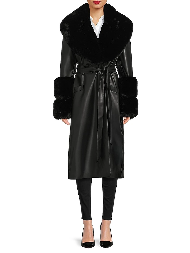 Eve Faux-Fur Trimmed Faux Leather Wrap Coat