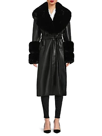 Eve Faux-Fur Trimmed Faux Leather Wrap Coat