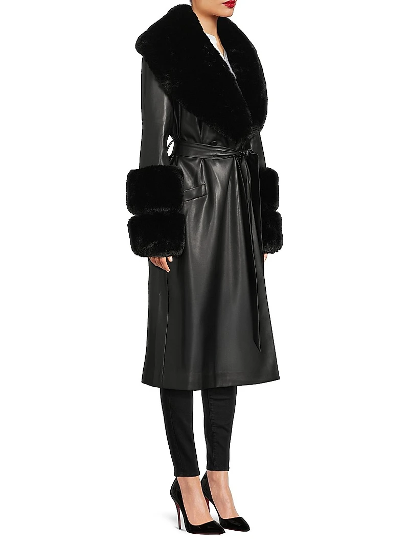 Eve Faux-Fur Trimmed Faux Leather Wrap Coat