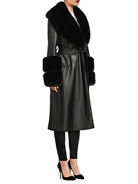 Eve Faux-Fur Trimmed Faux Leather Wrap Coat