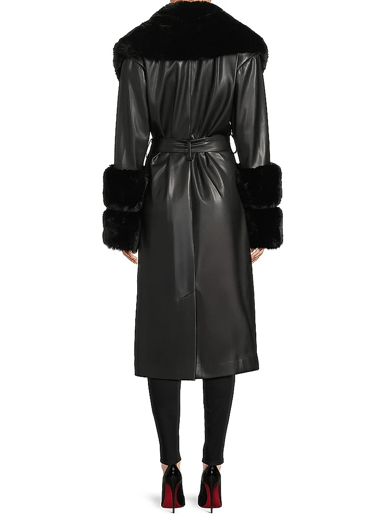 Eve Faux-Fur Trimmed Faux Leather Wrap Coat