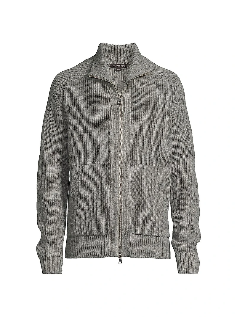Merino Wool-Blend Ribbed-Knit Zip-Up Cardigan