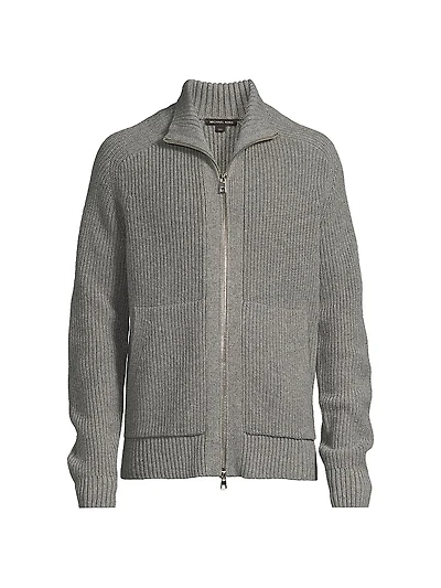 Merino Wool-Blend Ribbed-Knit Zip-Up Cardigan