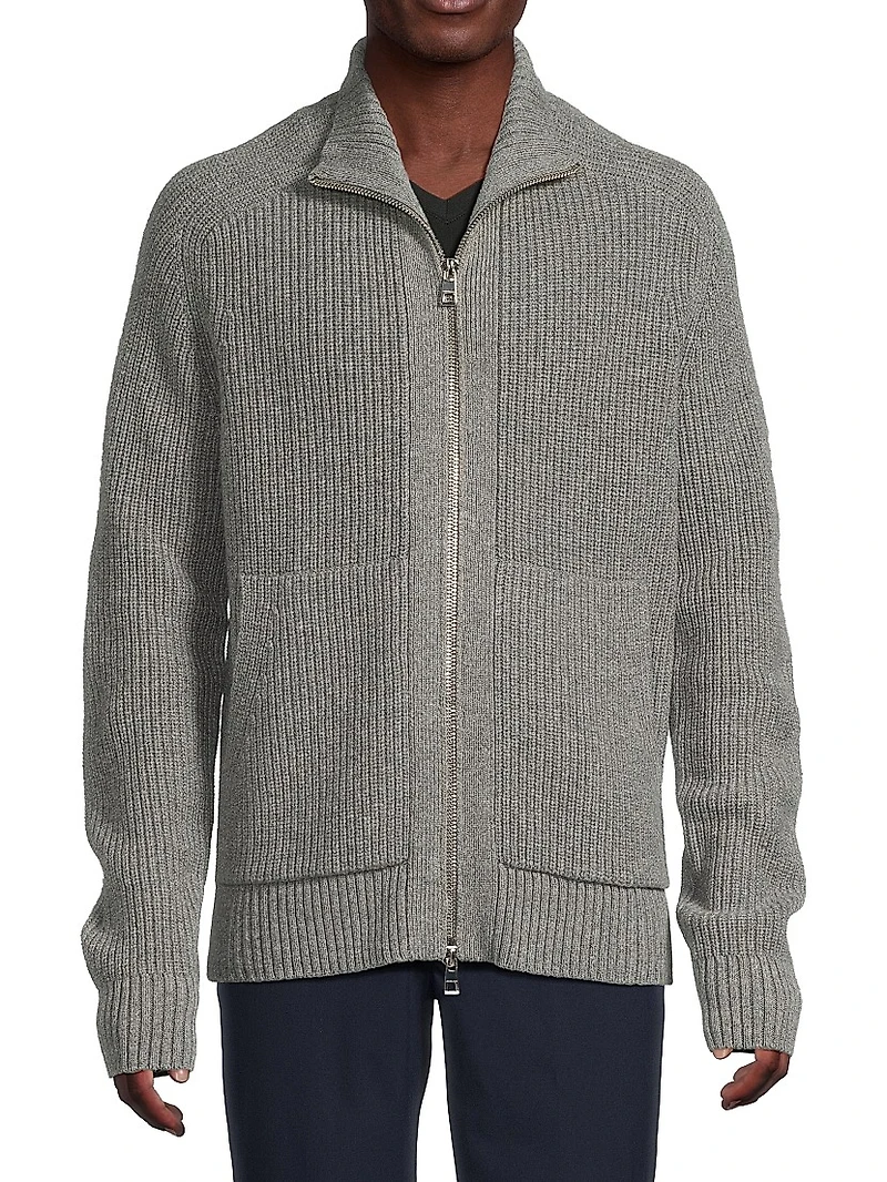 Merino Wool-Blend Ribbed-Knit Zip-Up Cardigan