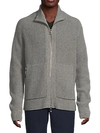 Merino Wool-Blend Ribbed-Knit Zip-Up Cardigan