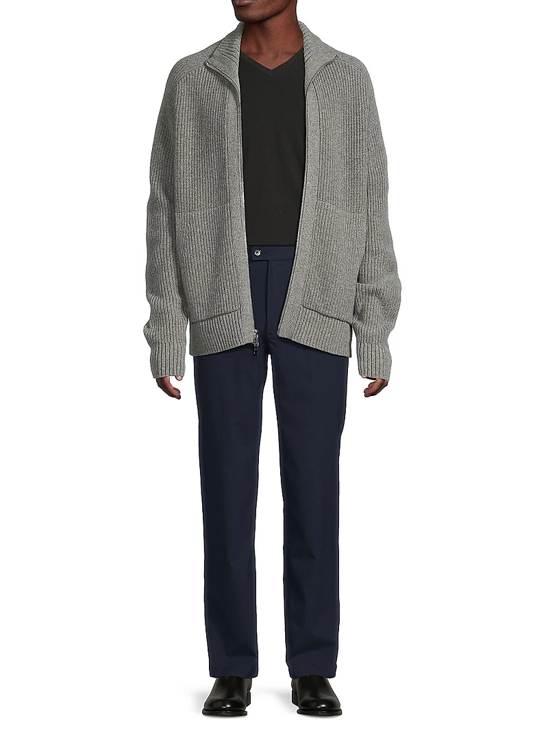 Merino Wool-Blend Ribbed-Knit Zip-Up Cardigan