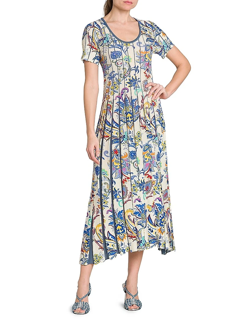 Bouquet Pleated Short-Sleeve Midi-Dress