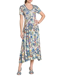 Bouquet Pleated Short-Sleeve Midi-Dress
