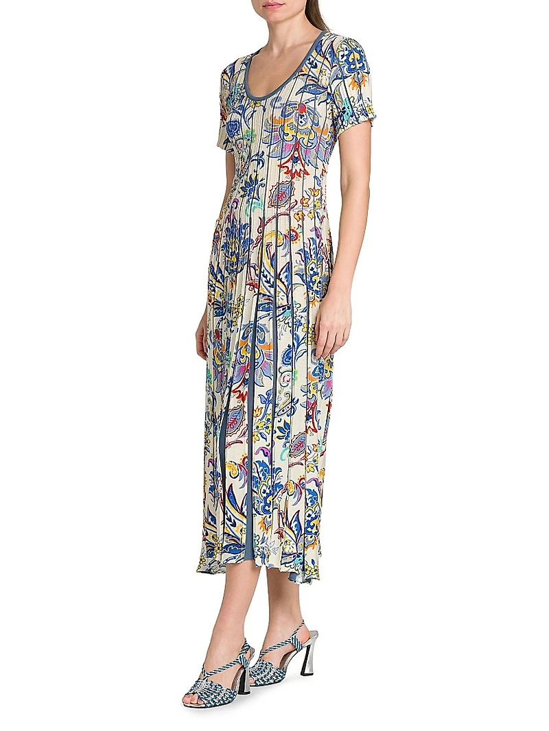 Bouquet Pleated Short-Sleeve Midi-Dress