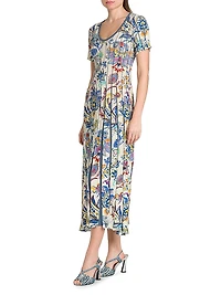 Bouquet Pleated Short-Sleeve Midi-Dress