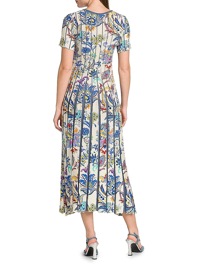 Bouquet Pleated Short-Sleeve Midi-Dress