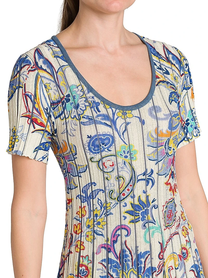 Bouquet Pleated Short-Sleeve Midi-Dress