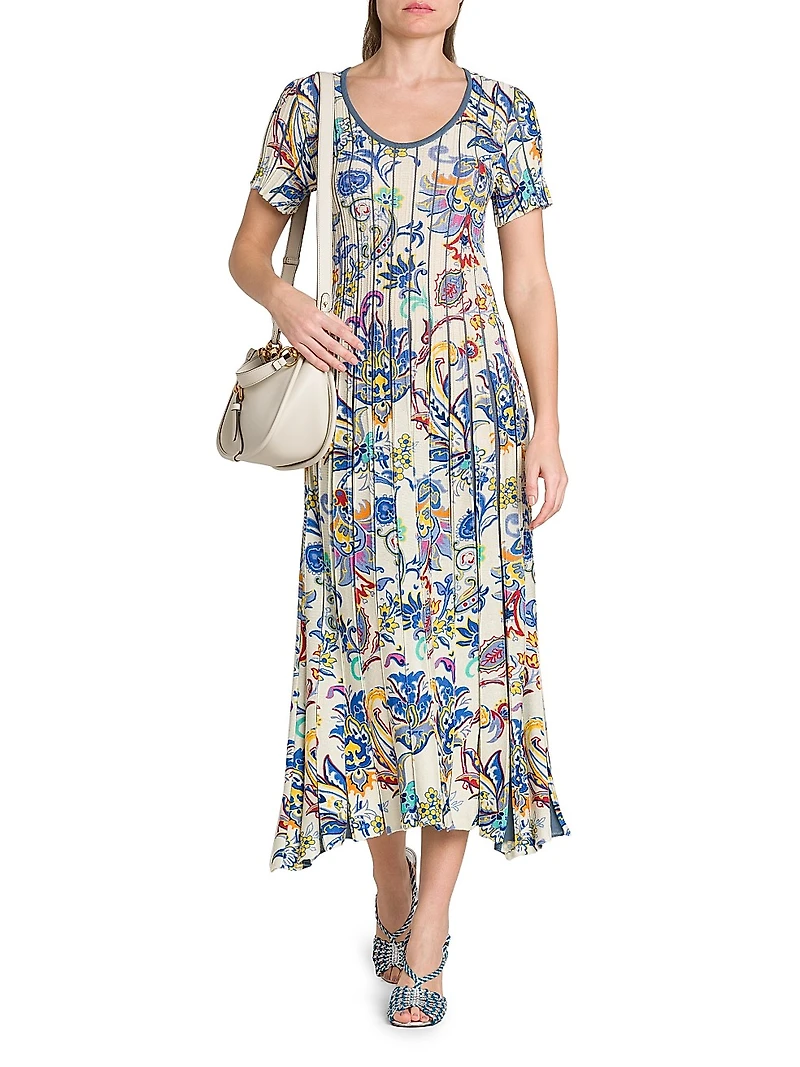 Bouquet Pleated Short-Sleeve Midi-Dress