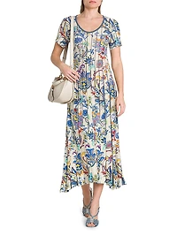 Bouquet Pleated Short-Sleeve Midi-Dress
