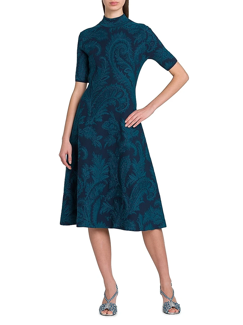 Paisley A-Line Knit Midi-Dress