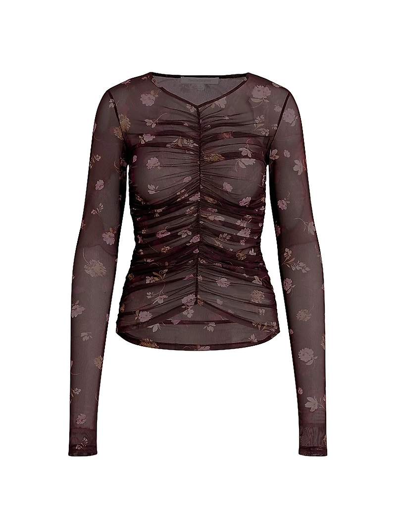 Party Floral Mesh Ruched V-neck Top