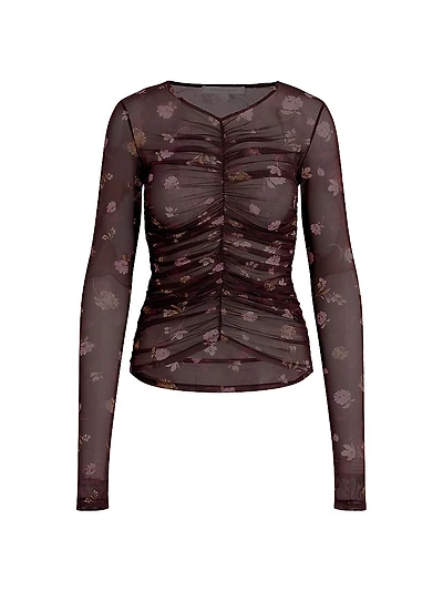 Party Floral Mesh Ruched V-neck Top