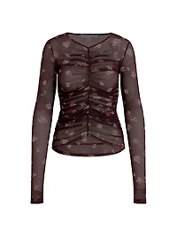 Party Floral Mesh Ruched V-neck Top