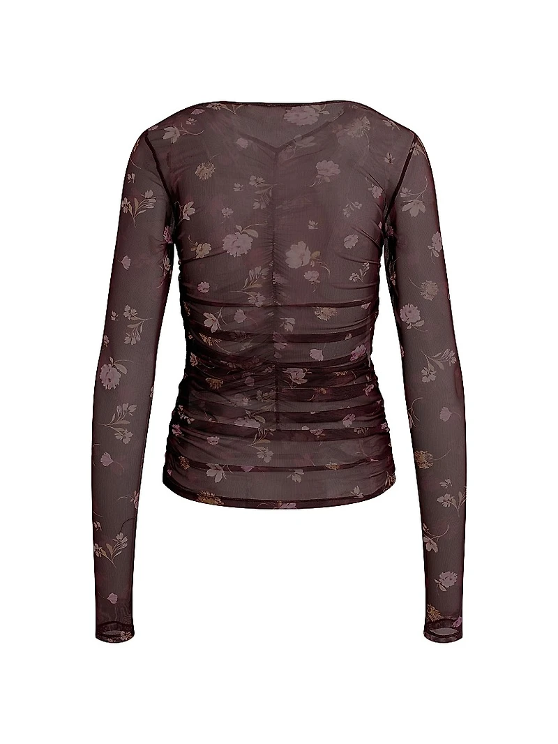 Party Floral Mesh Ruched V-neck Top