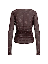 Party Floral Mesh Ruched V-neck Top