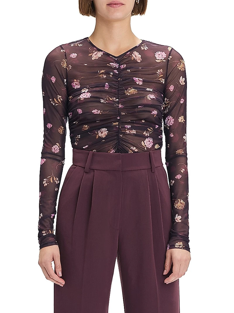Party Floral Mesh Ruched V-neck Top