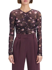Party Floral Mesh Ruched V-neck Top