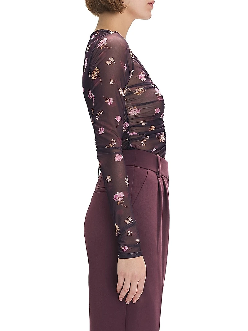 Party Floral Mesh Ruched V-neck Top