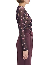 Party Floral Mesh Ruched V-neck Top