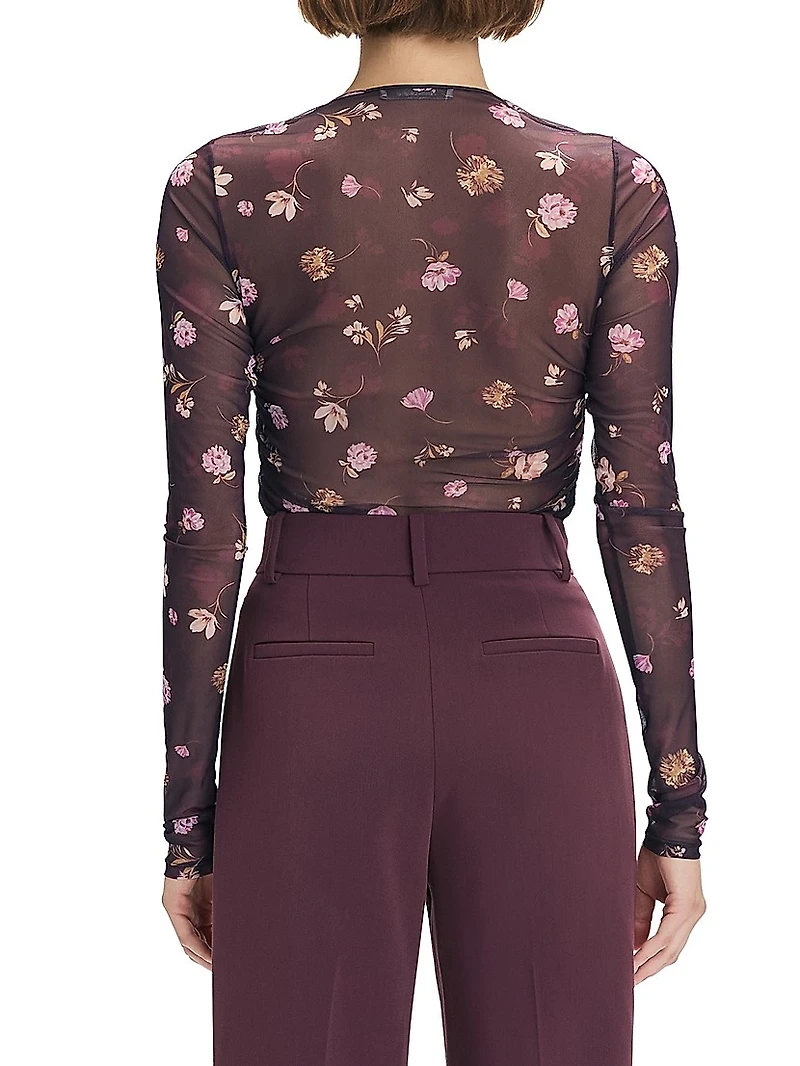 Party Floral Mesh Ruched V-neck Top