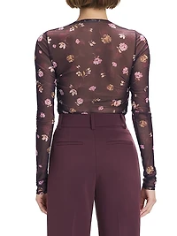 Party Floral Mesh Ruched V-neck Top