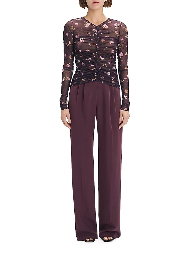 Party Floral Mesh Ruched V-neck Top