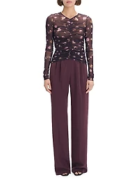 Party Floral Mesh Ruched V-neck Top