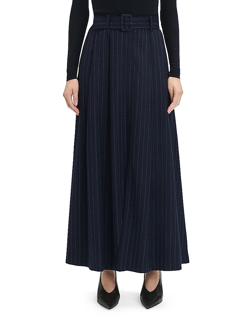 The Gabby Pinstriped Belted Maxi Skirt