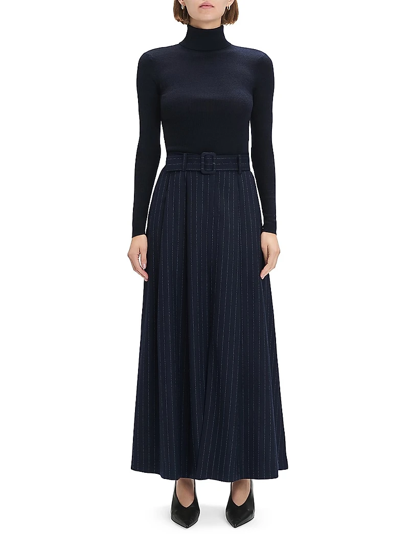 The Gabby Pinstriped Belted Maxi Skirt