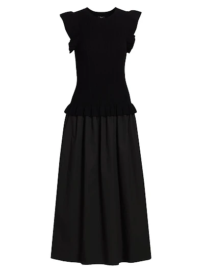 Deirdre Ruffled Mixed-Media Midi-Dress