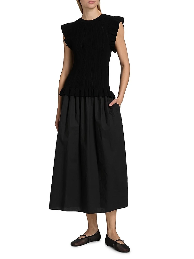 Deirdre Ruffled Mixed-Media Midi-Dress